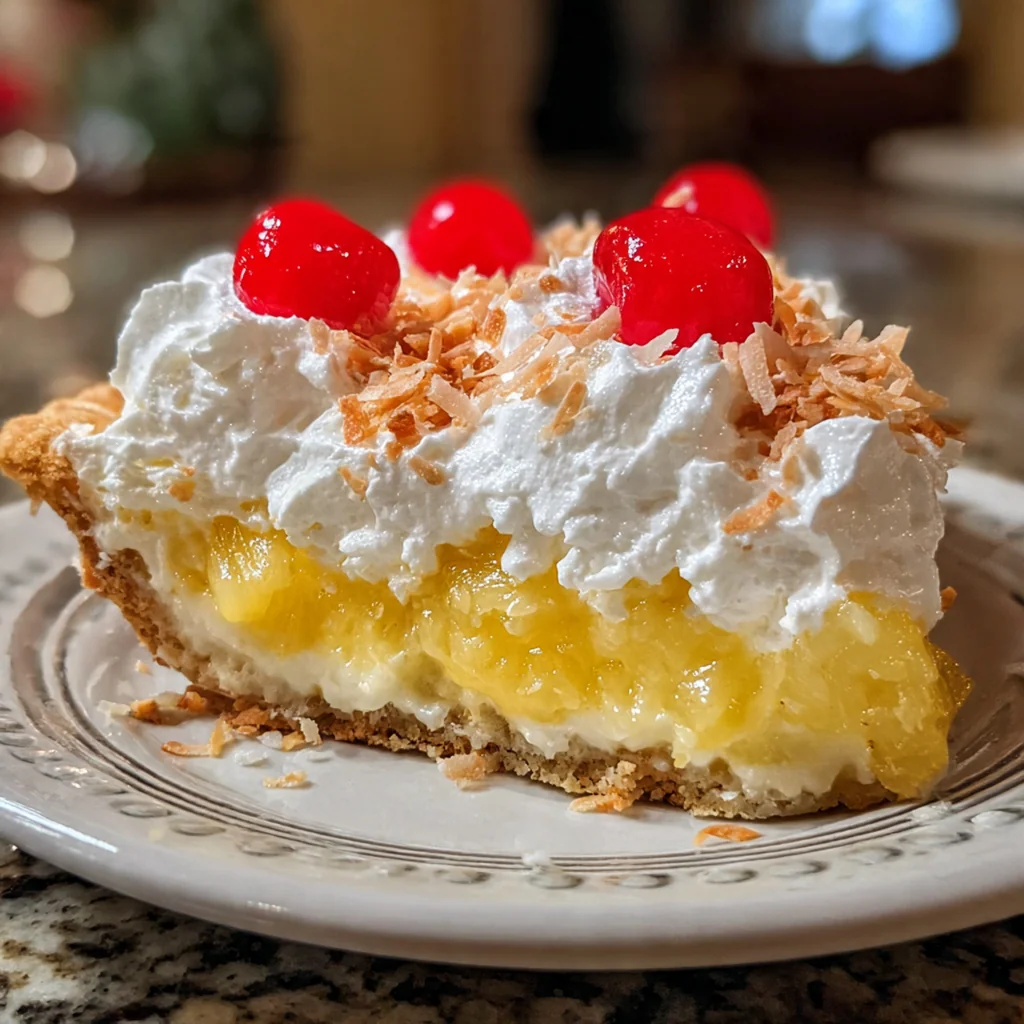 Slice of vintage no-bake pineapple pie on a white plate with fresh mint garnish perfect for spring celebrations