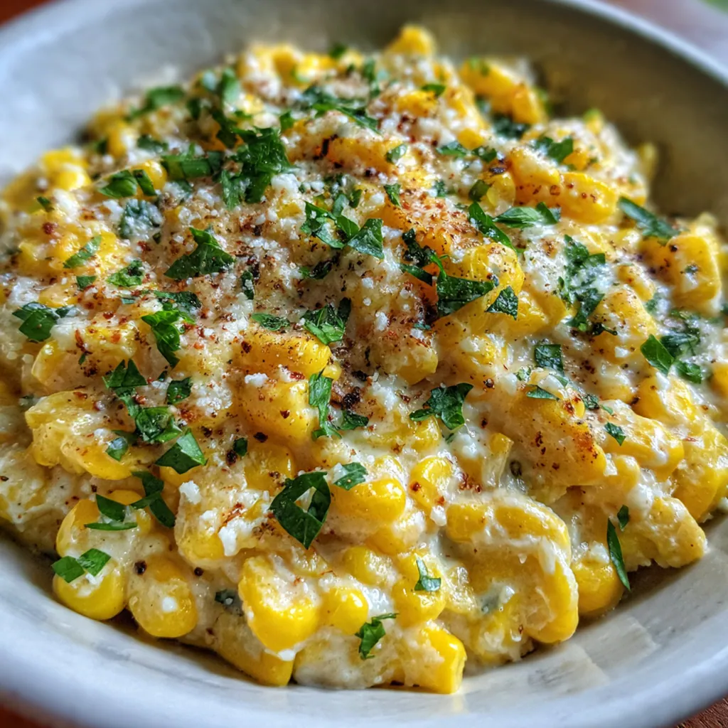 A spoon lifting a creamy scoop of slow-cooker corn from a serving bowl.