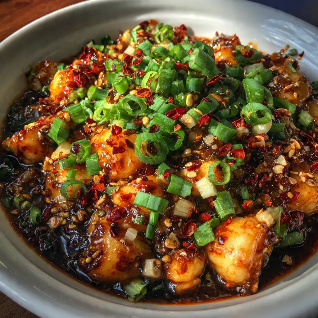 Close-up of a jar filled with rich, dark stir fry sauce next to fresh ginger and green onions