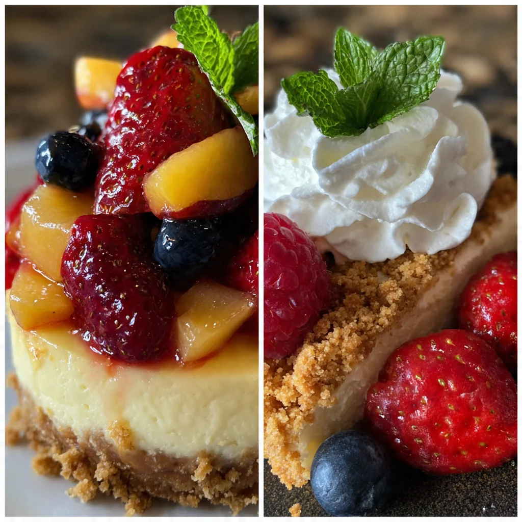 Close-up of a smooth cream cheese filling and crunchy graham cracker base with berry topping drizzle