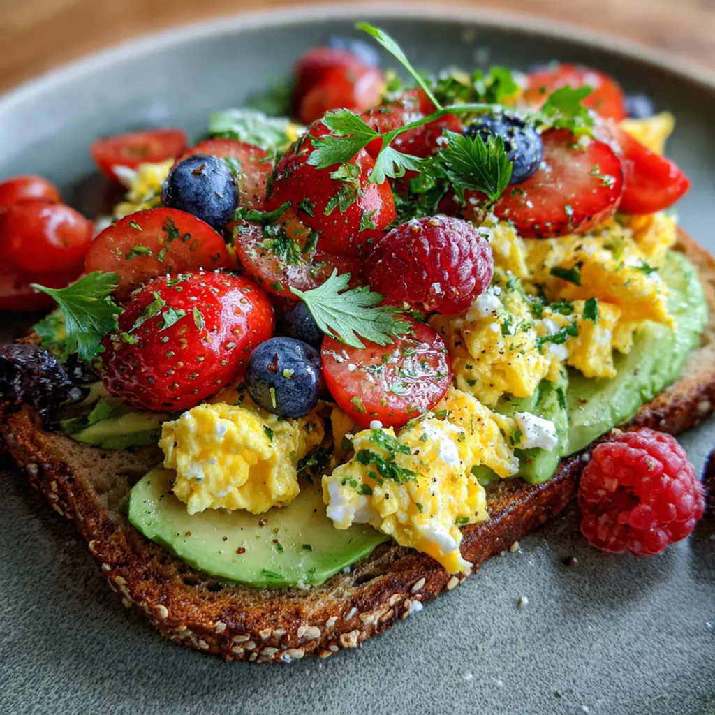 Overhead shot of breakfast ingredients including halved avocados, eggs in a bowl, and vibrant strawberries and blueberries
