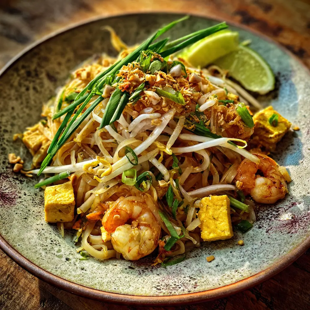 Raw ingredients for Pad Thai arranged on a wooden cutting board including noodles tofu garlic and fresh vegetables