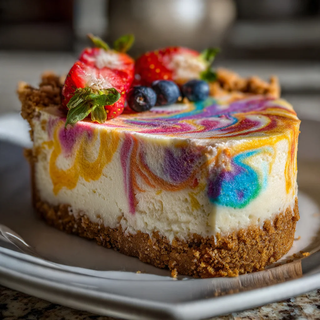 Close up of a fork lifting a creamy bite of the no-bake cheesecake pie revealing the lemon and strawberry swirls