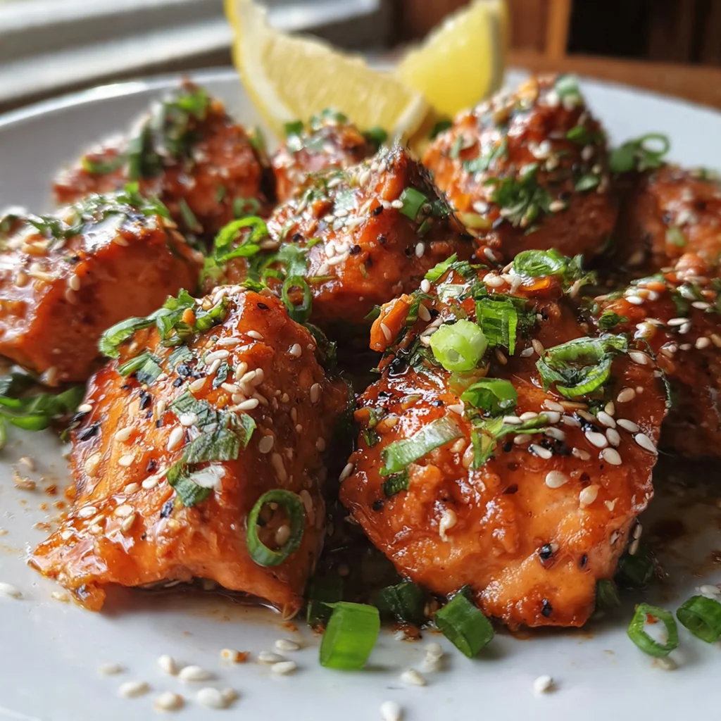 A complete dinner bowl with honey garlic salmon bites served over white rice and roasted broccoli