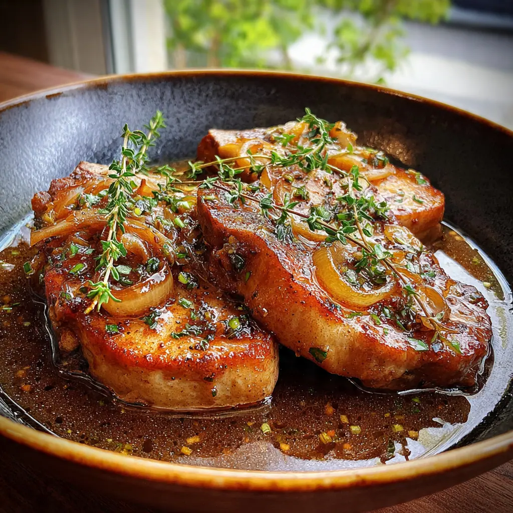 Close-up of a tender pork chop smothered in savory gravy with a sprinkle of fresh parsley