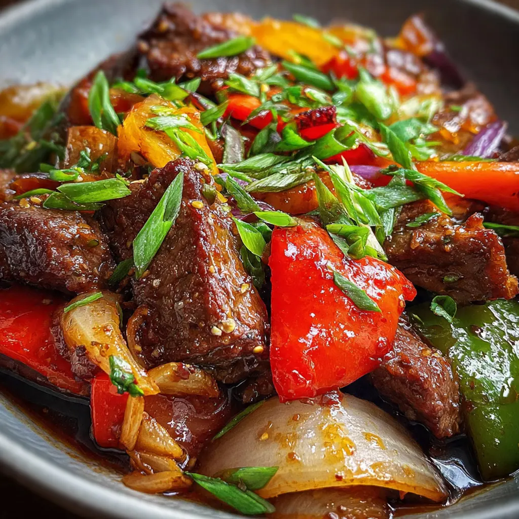 a close-up of tender beef strips coated in rich sauce with slices of sweet onion