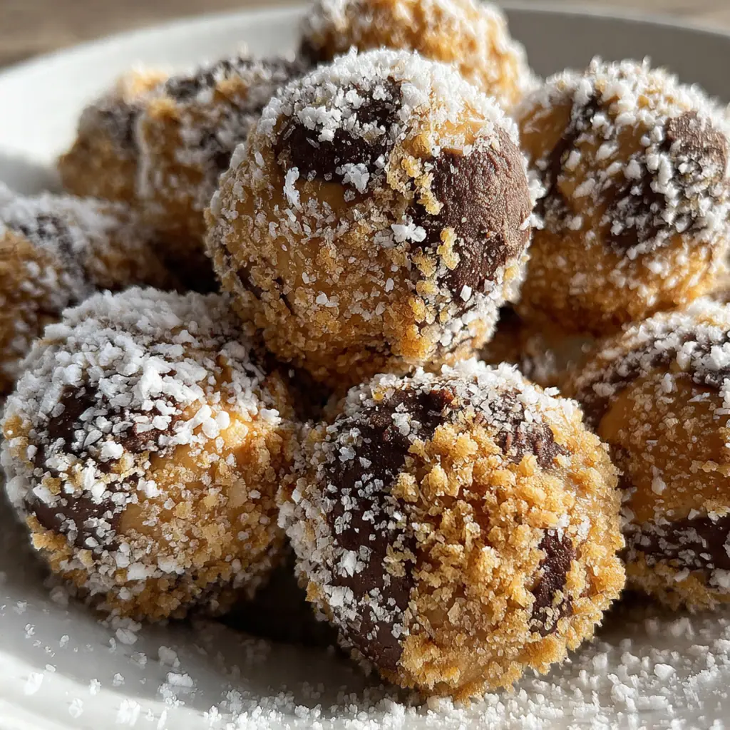 Hands rolling a creamy peanut butter dough ball on a counter dusted with powdered sugar