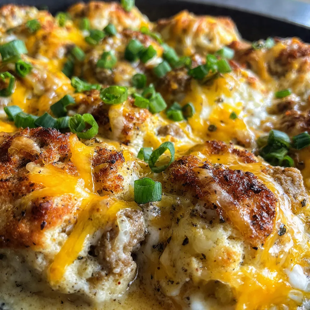 Close up of a serving spoon cutting into the casserole showing the crispy hashbrown base and creamy sausage gravy