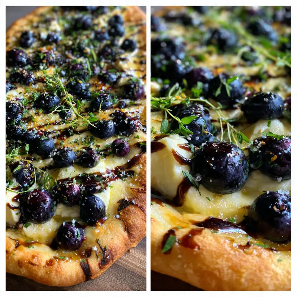 A whole blueberry brie thyme flatbread on a wooden board, ready to be sliced and served.