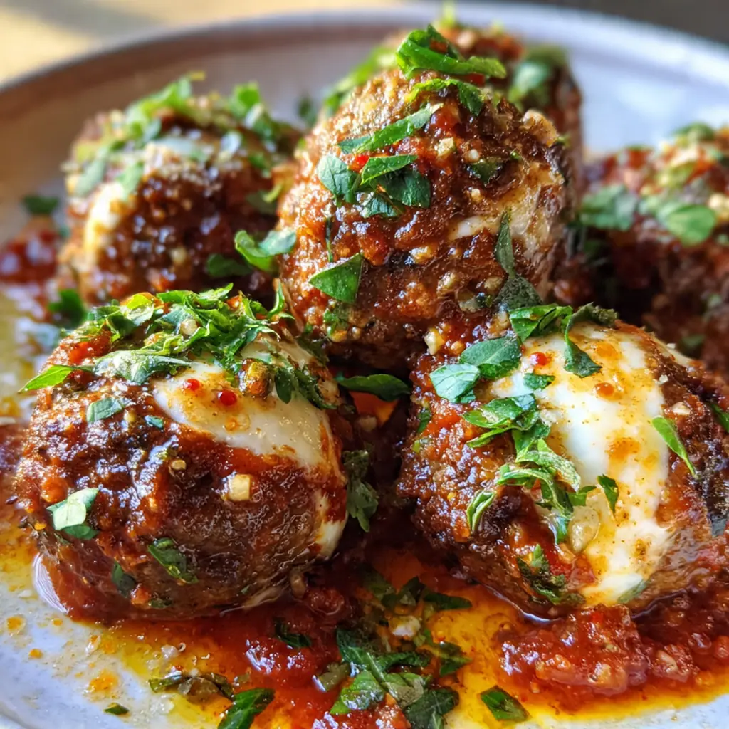 Close-up of a cut meatball revealing the molten mozzarella center surrounded by seasoned beef and pork
