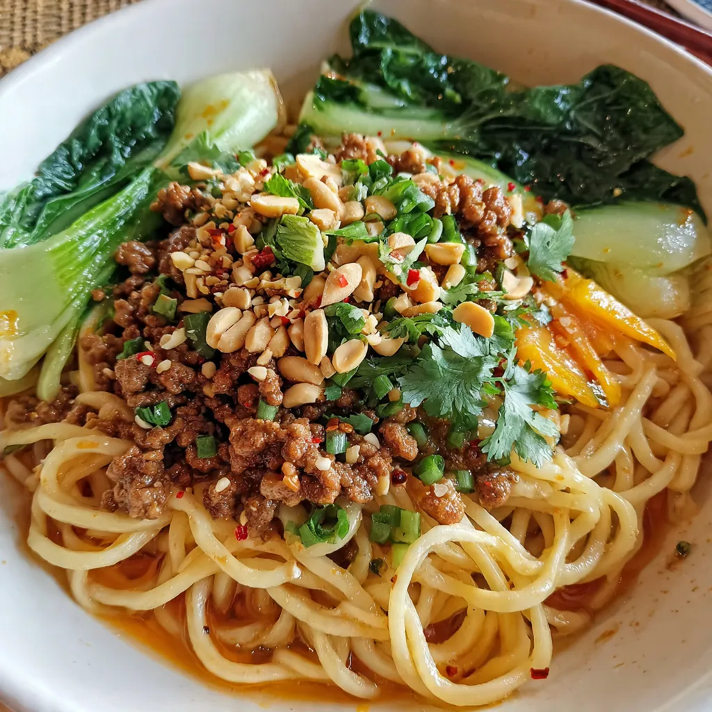 Fresh ingredients for dan dan noodles including chili oil, Sichuan peppercorns, and minced pork in a rustic bowl