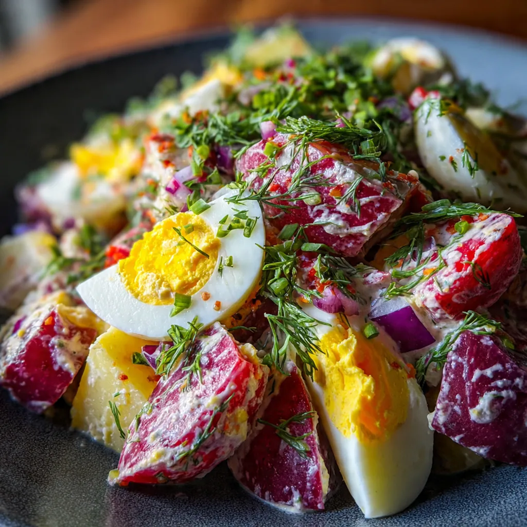 Close-up of a serving spoon lifting a creamy bite of potato salad with visible celery and red onion