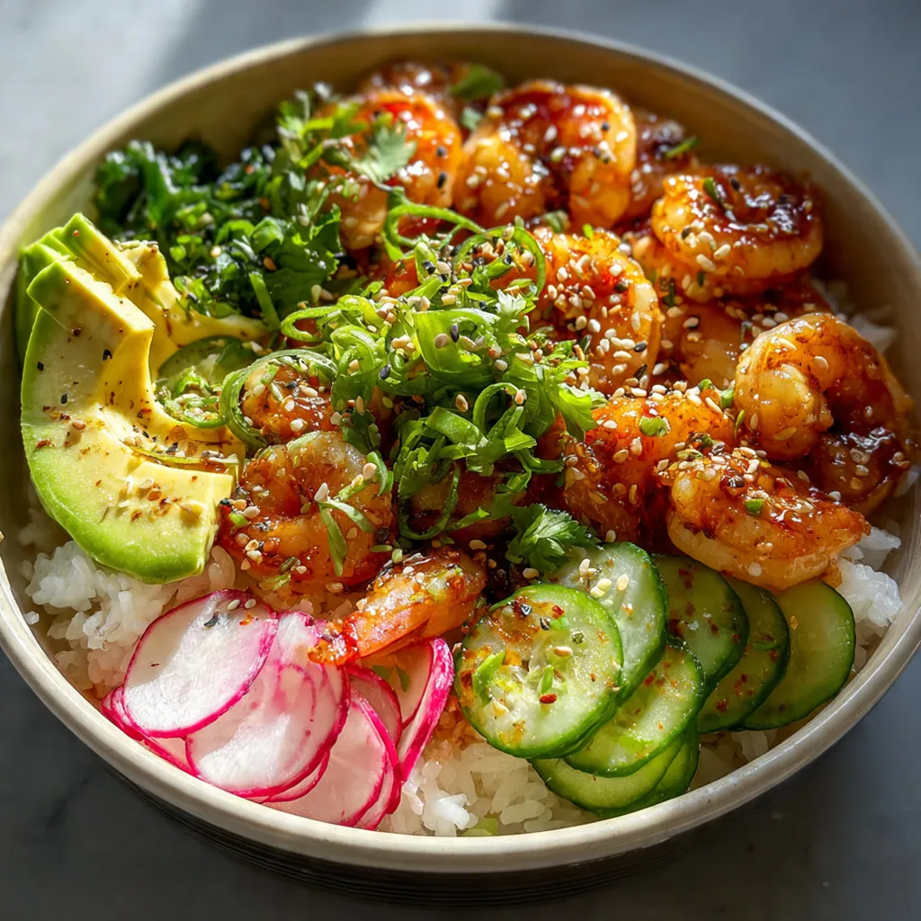 Close-up of perfectly cooked shrimp with sesame glaze next to bright edamame and julienned cucumber