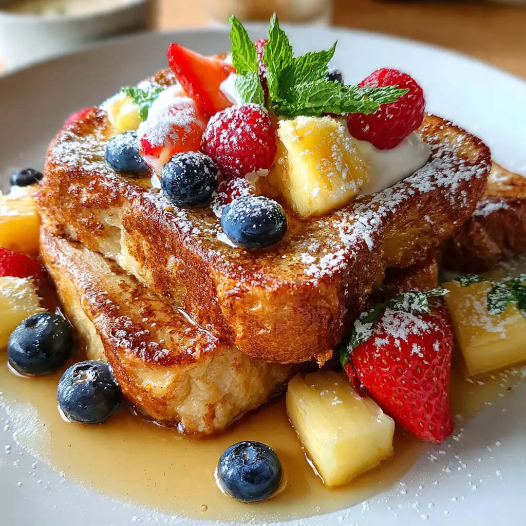 Close-up of a single piece of custardy French toast with powdered sugar and a pat of melting butter