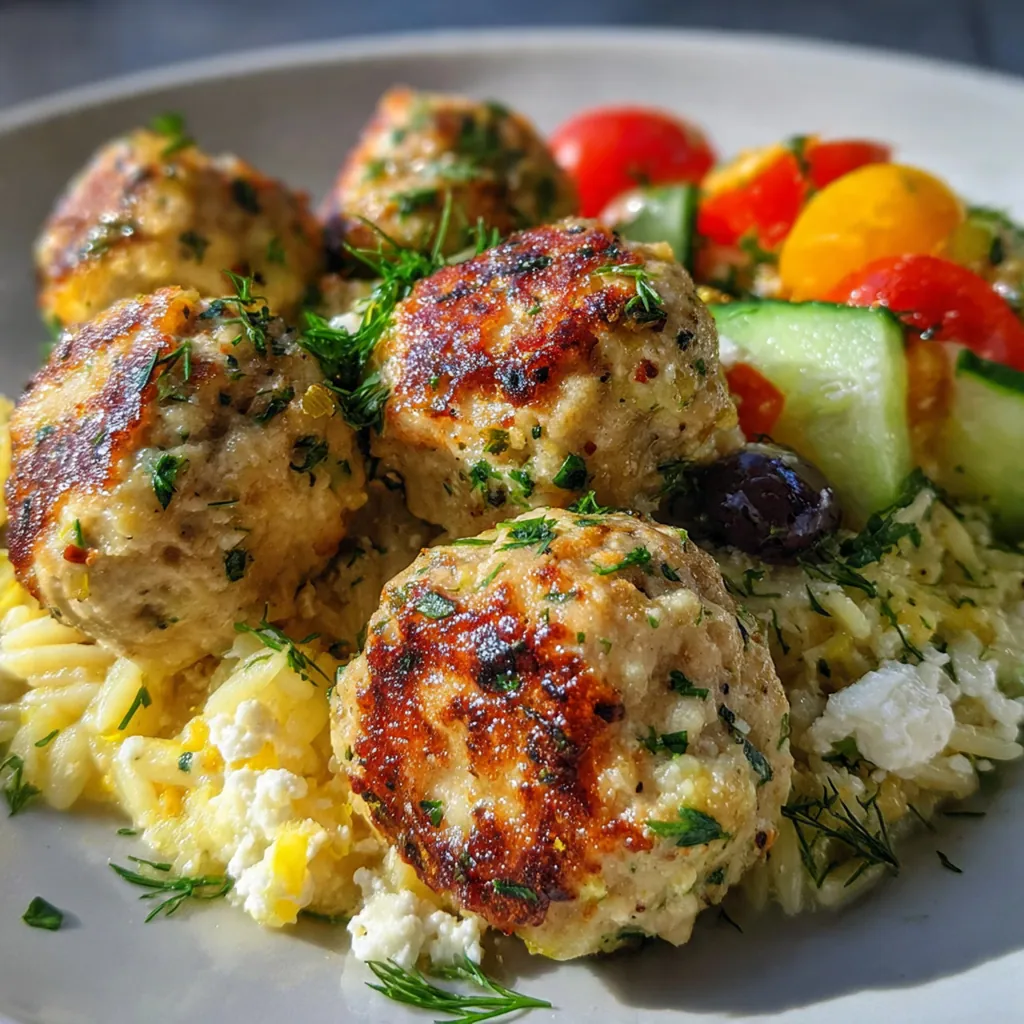 Fresh ingredients for Greek meatballs arranged on a wooden cutting board including ground chicken, herbs, garlic, and lemons