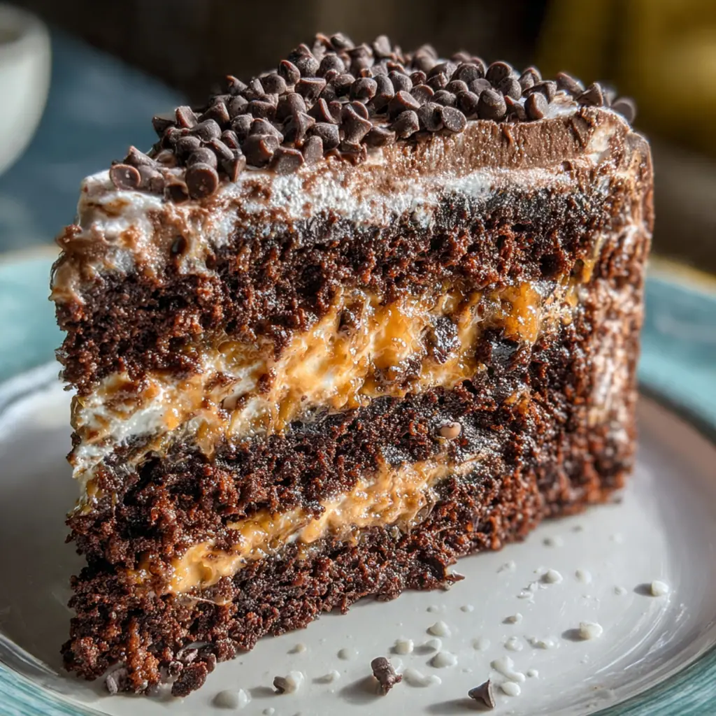 Classic Southern chocolate cake on a cake stand with a maraschino cherry on top