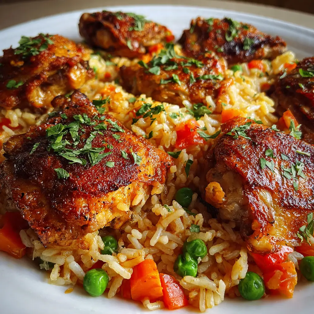 Close-up of tender chicken and rice with melted parmesan and fresh parsley garnish