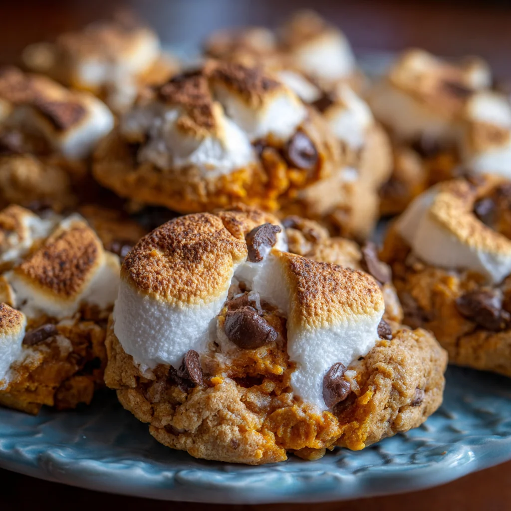 Close-up of a bitten cookie revealing cake-like texture and gooey marshmallow pockets
