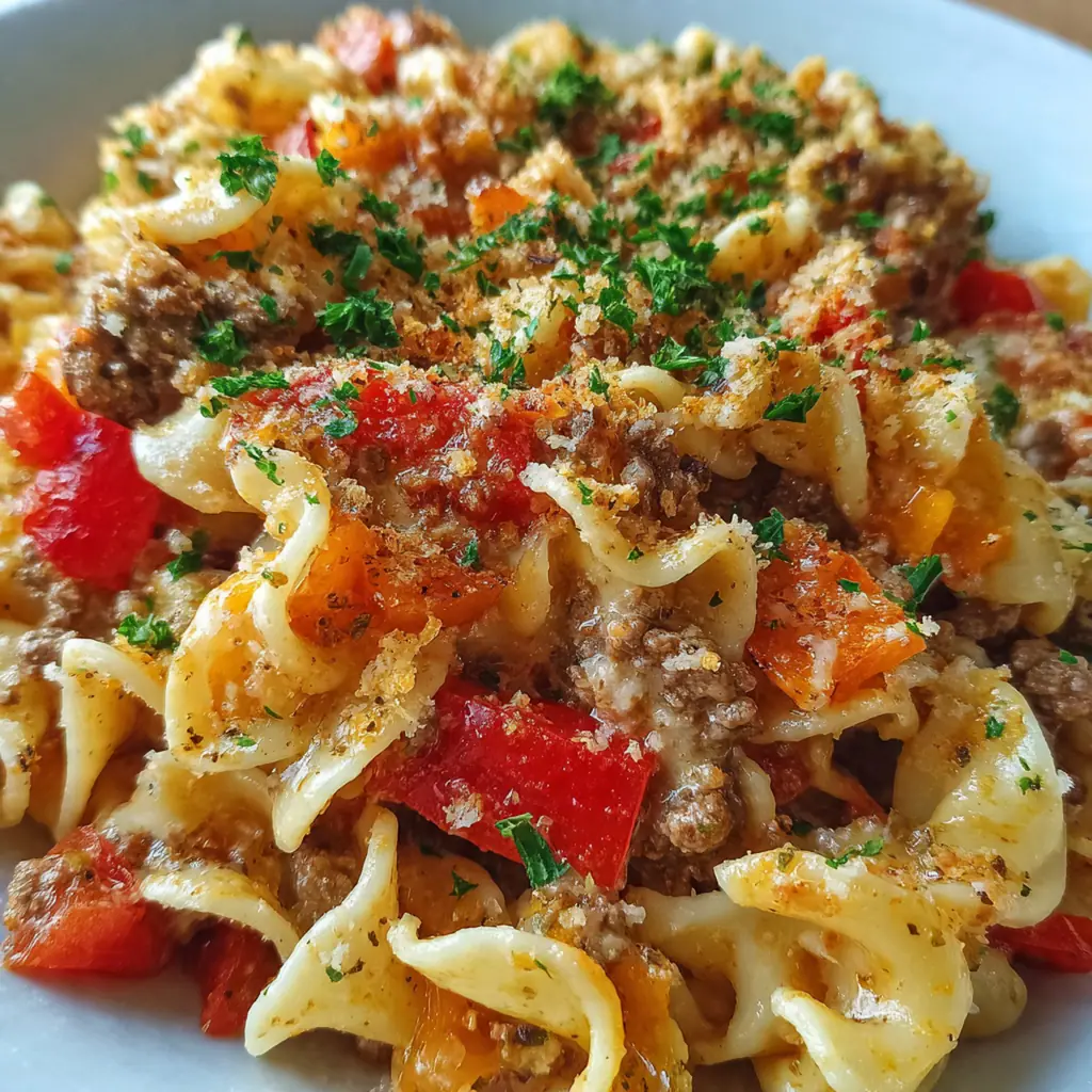 Close-up of a serving spoon lifting a cheesy portion with layers of pasta and beef