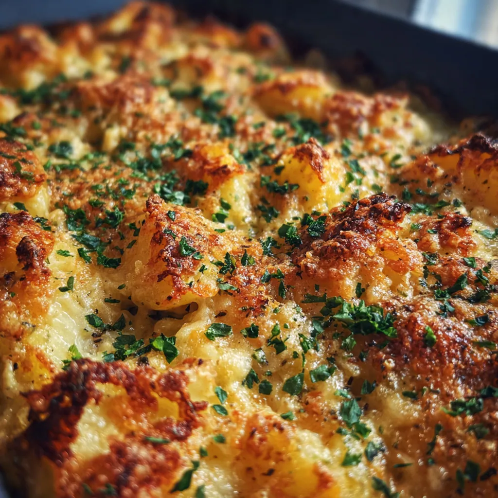 Close-up of creamy potato layers smothered in garlic herb cheese sauce