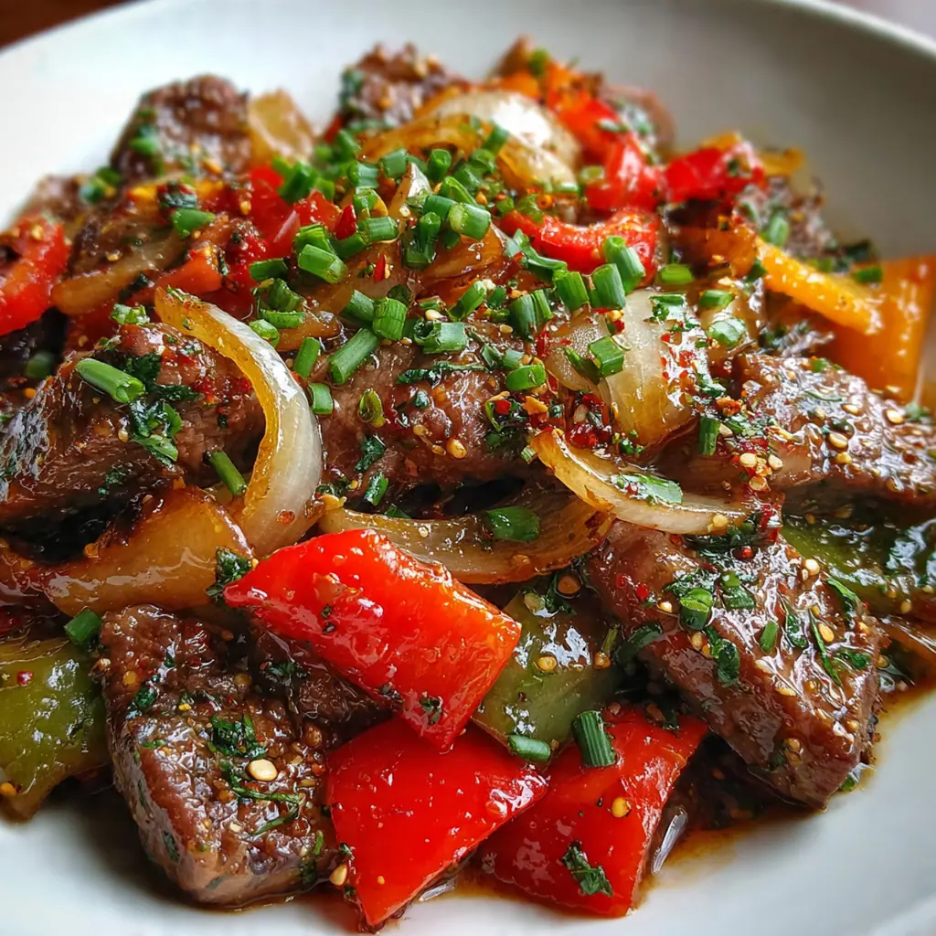 Close-up of a fork lifting perfectly seared beef strips and crisp bell peppers from a steaming plate of stir fry