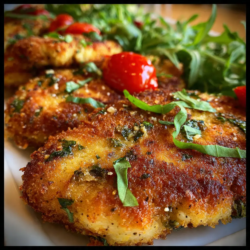 Close-up of a tender chicken cutlet topped with glossy tomato sauce, sliced garlic, and ribbons of fresh basil
