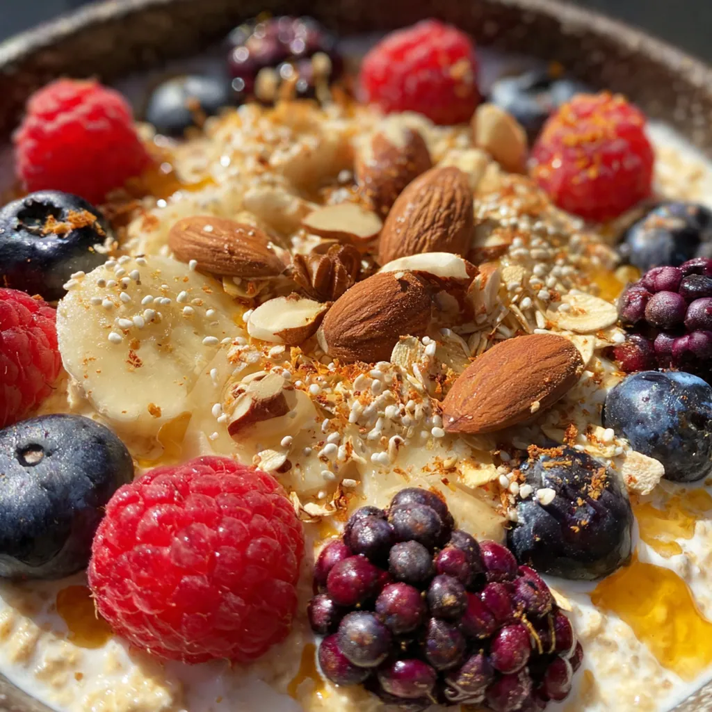 Close-up of a spoon diving into a jar of overnight oats showing layers of oats, chia seeds, and juicy berries