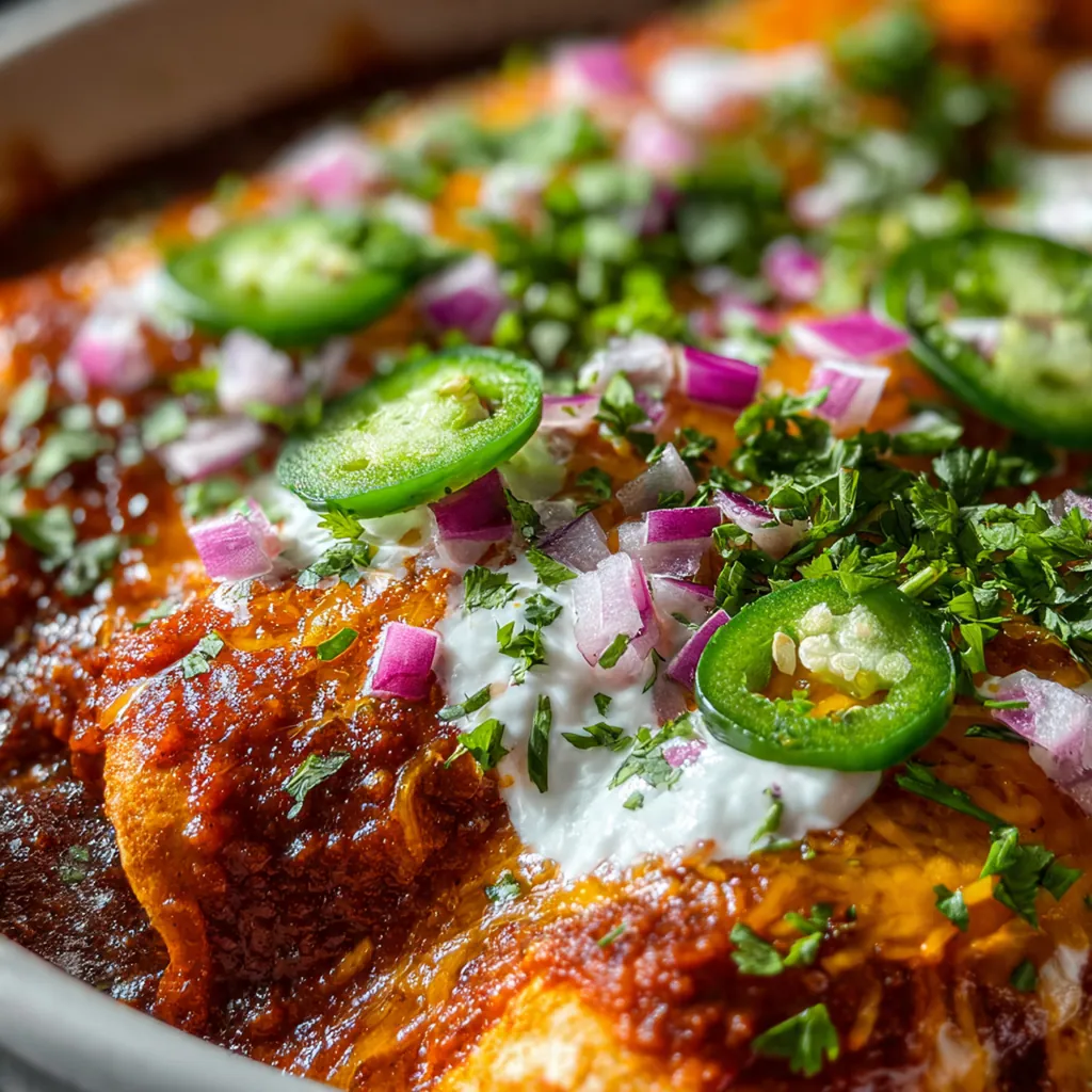 Freshly baked cheese enchiladas in a baking dish with bubbly golden cheese topping
