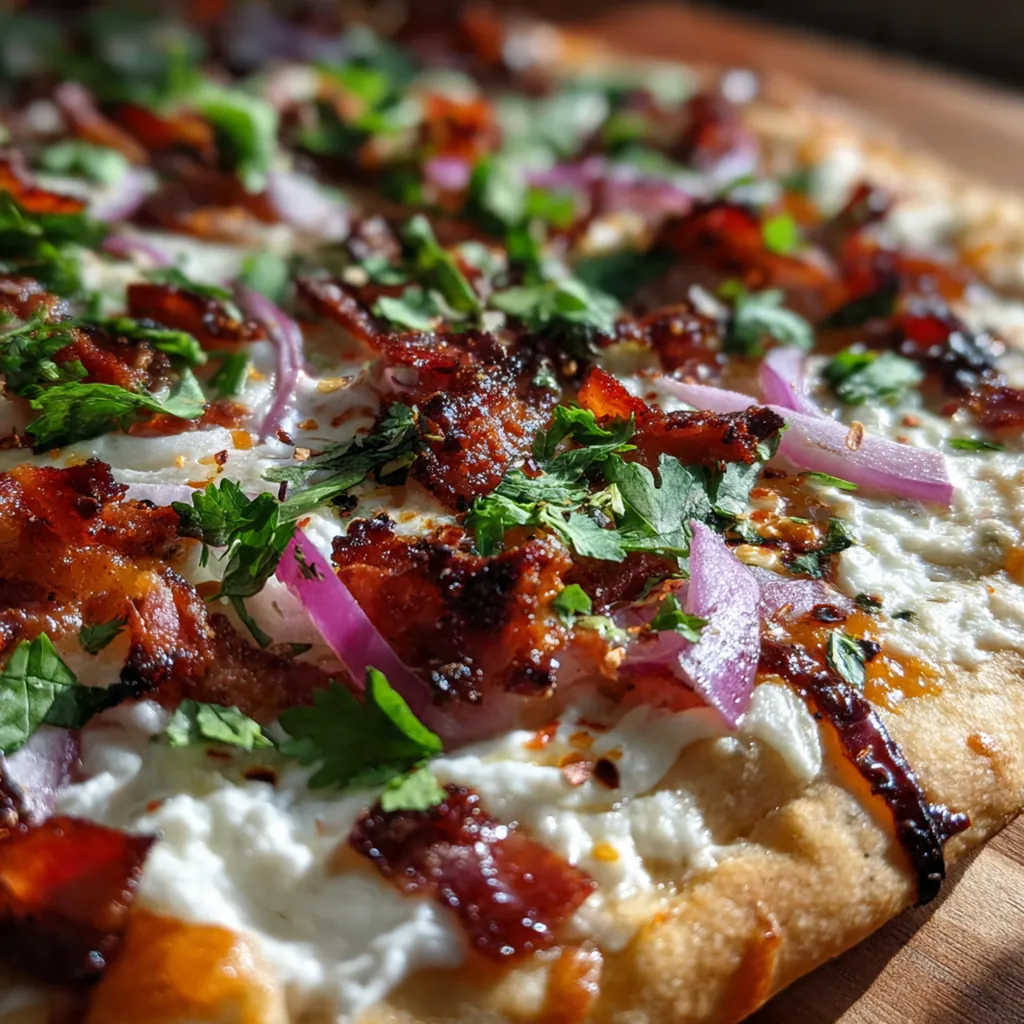 Close-up of a slice showing gooey melted cheese, red onion, and crumbled bacon
