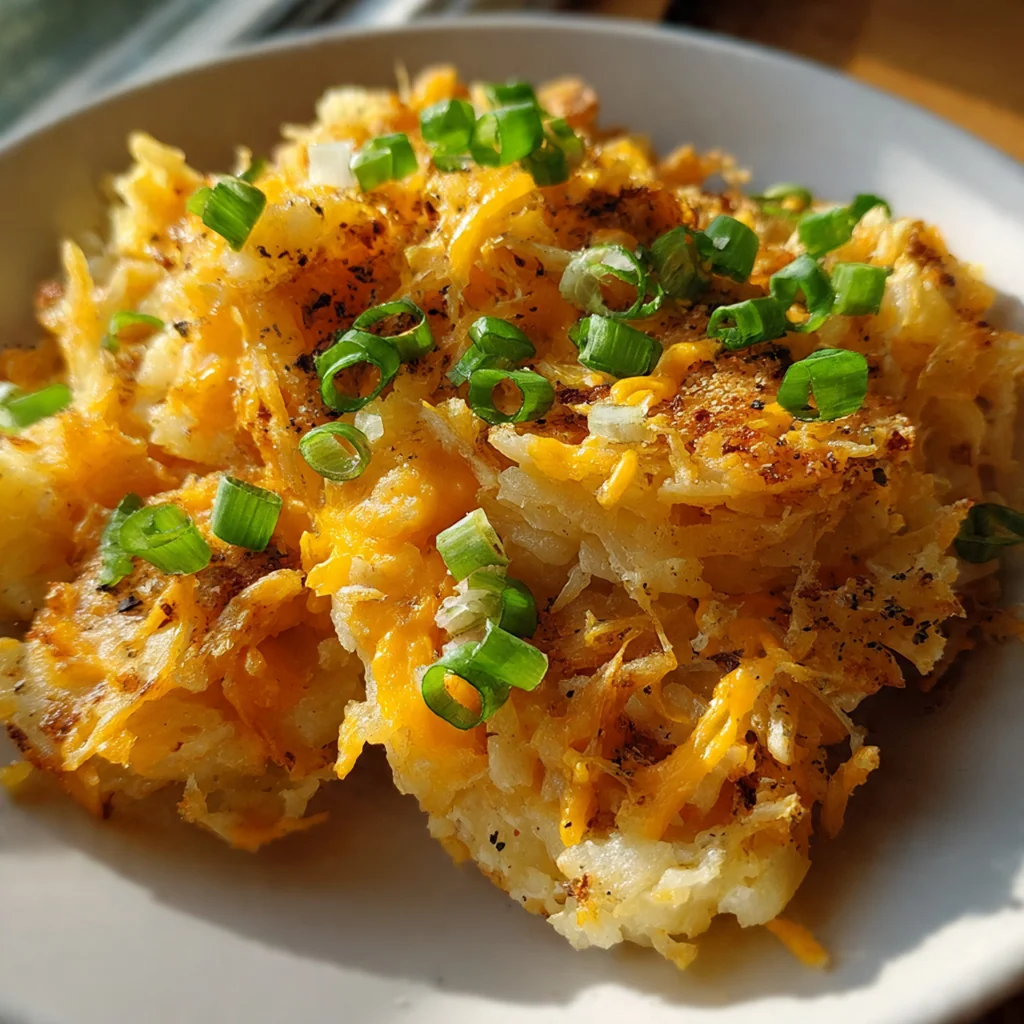 Close-up shot showing the creamy, shredded hash brown interior and crunchy onion topping of the savory casserole