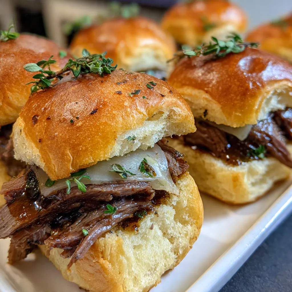 Close-up of a French Dip Slider being dipped into a small bowl of rich, dark au jus