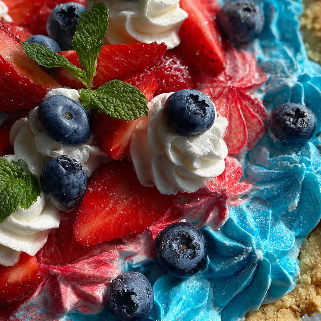 Close-up of a spoon dipping into the creamy, swirled filling of the patriotic pie.