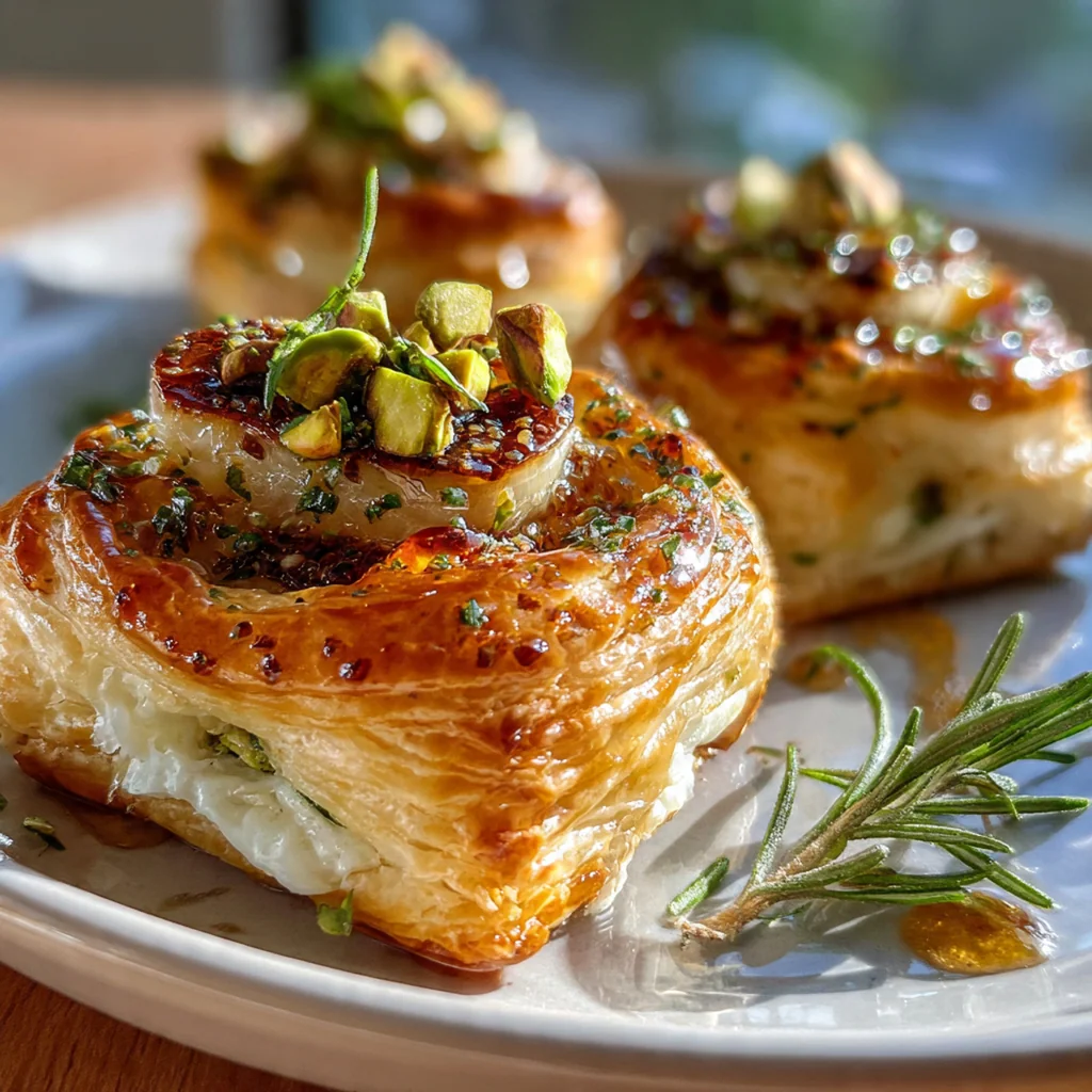 An elegant platter of pistachio brie bites garnished with fresh thyme and sea salt