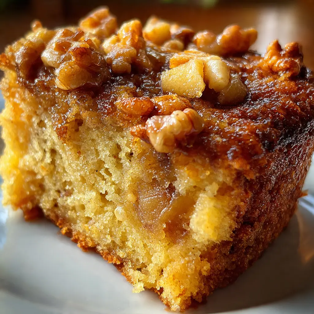Close-up slice of apple cake on a plate with melted vanilla ice cream and a drizzle of caramel sauce