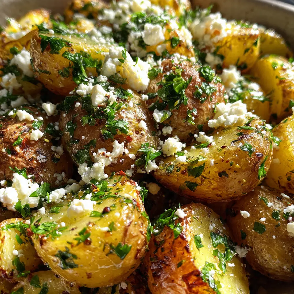 A serving platter of Greek roast potatoes with lemon wedges and Kalamata olives on the side