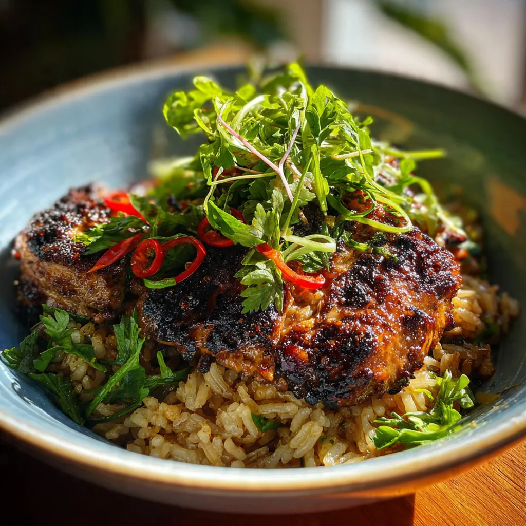 Steaming bowl of Caribbean jerk chicken rice with lime wedges and a drizzle of hot sauce on the side