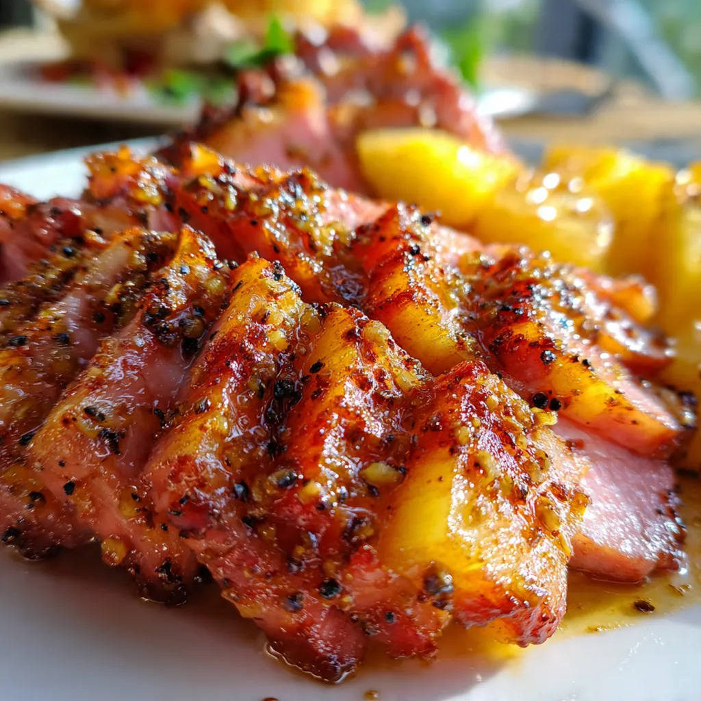 A festive holiday table setting with the carved ham on a platter surrounded by classic side dishes