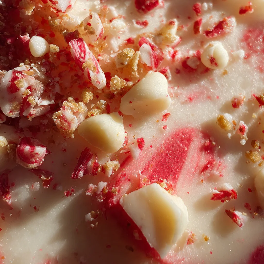 Hands sprinkling crushed candy canes over a pan of smooth white fudge before chilling