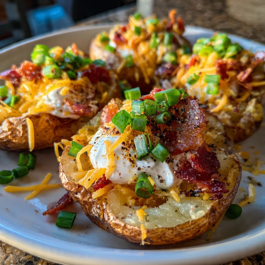 Close-up of a crispy potato round with stretchy melted cheese, bacon bits, and a dollop of sour cream