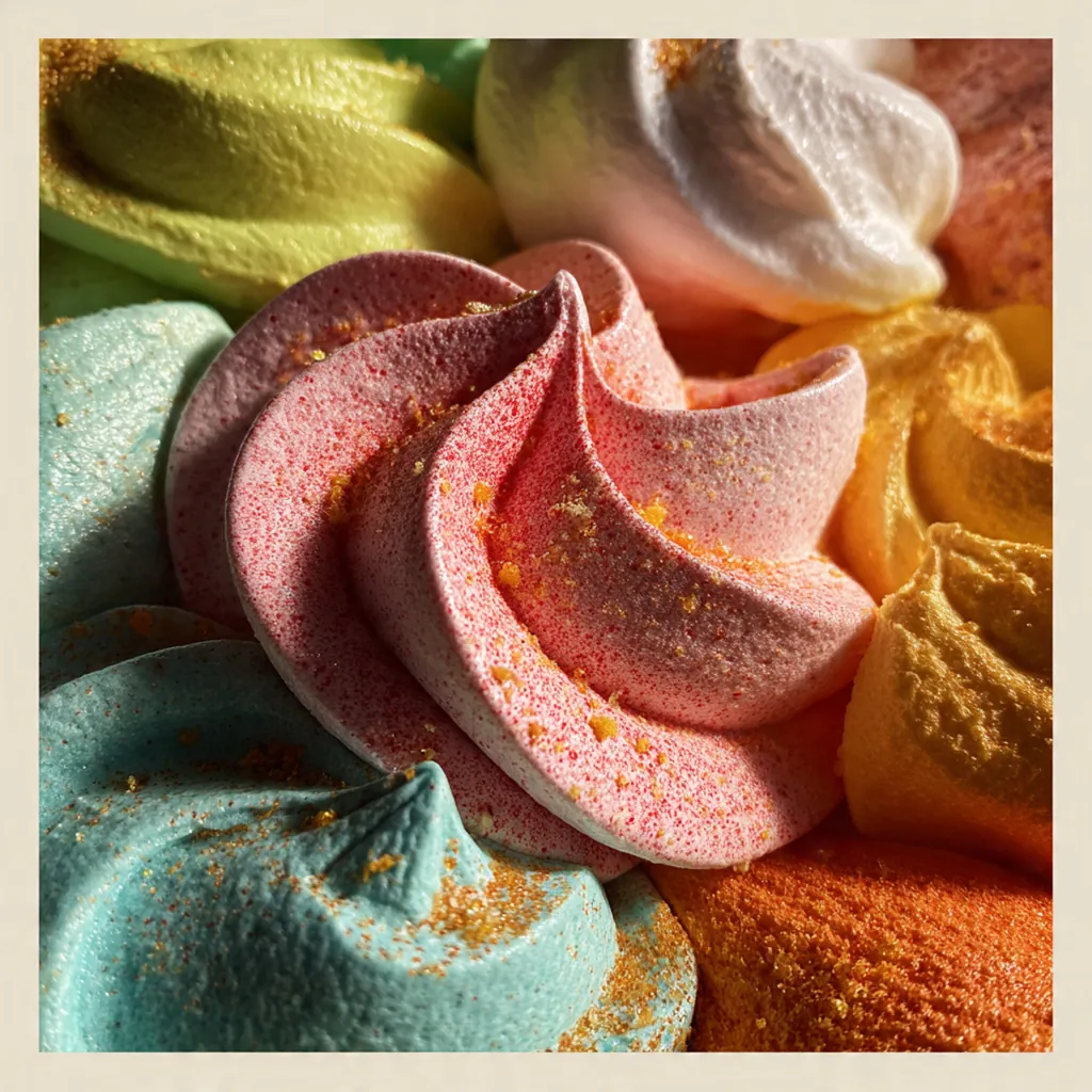 Close-up of a split Jello meringue cookie revealing the light airy interior and crunchy exterior