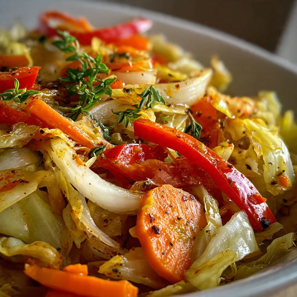 Close-up of tender-crisp cabbage leaves steamed with aromatic spices and whole Scotch bonnet pepper
