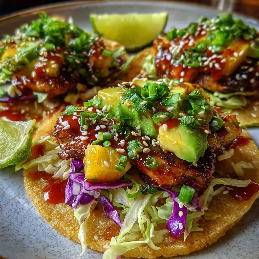 An overhead shot of assembled Hawaiian Huli Huli Tacos with charred chicken, fresh pineapple, and green onions on a warm tortilla.