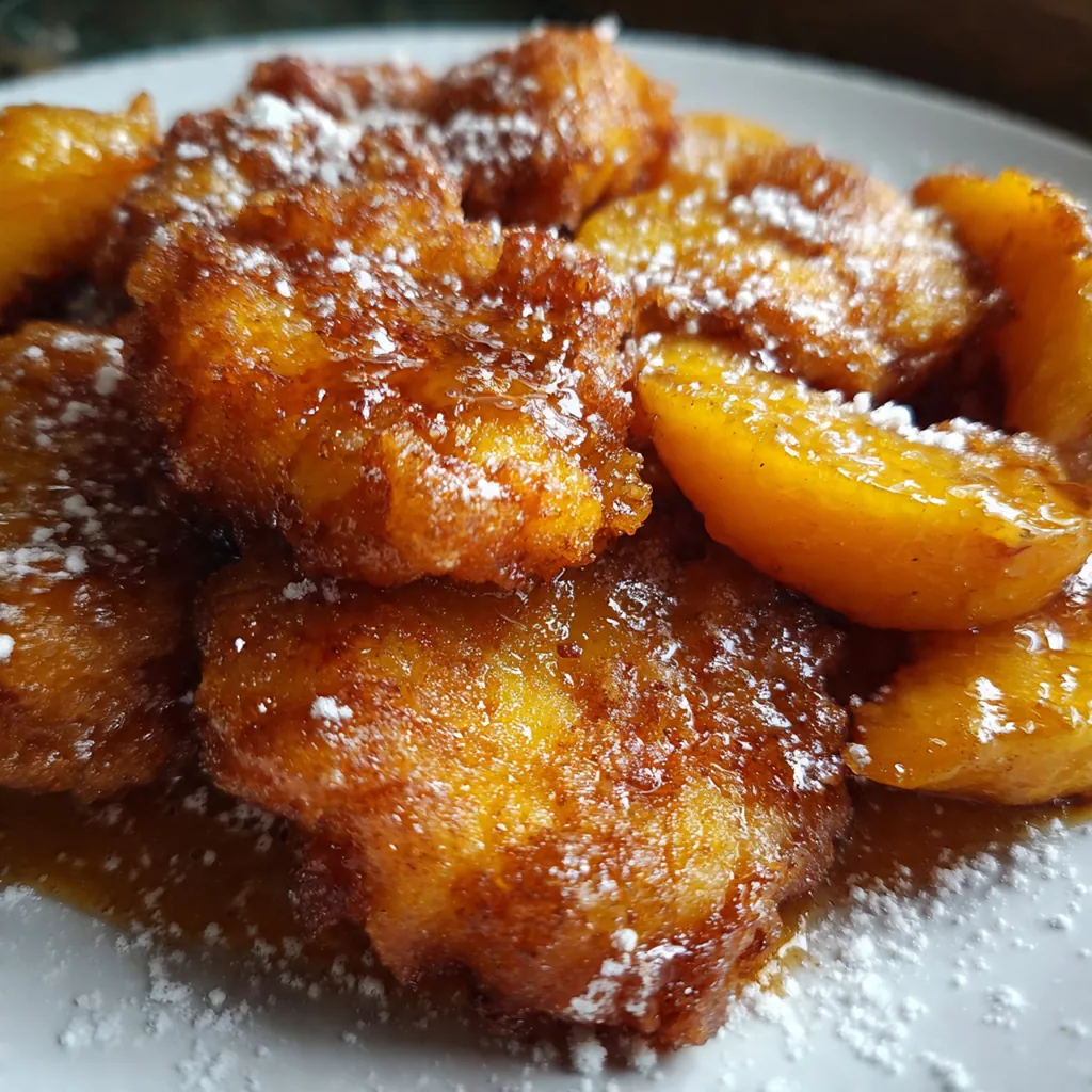 Close-up of a caramel-coated peach wedge dripping with sauce next to a scoop of vanilla ice cream