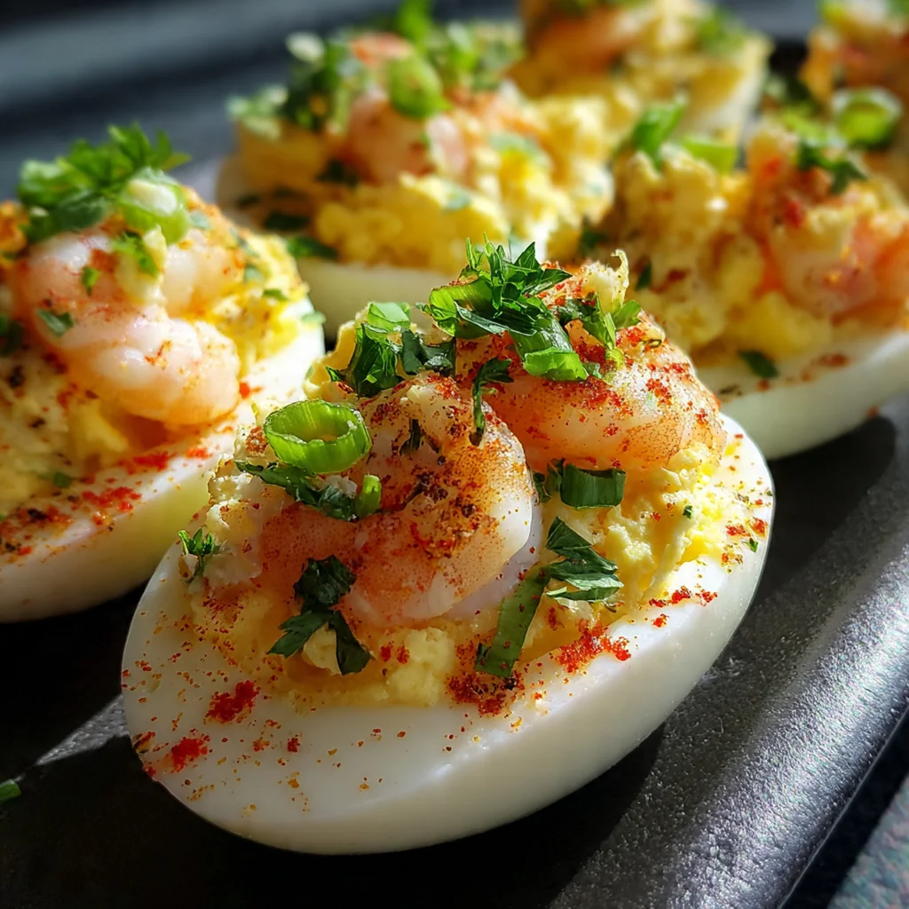 Close-up of a single seafood boil deviled egg with a sprinkle of Old Bay and a lemon wedge on the side