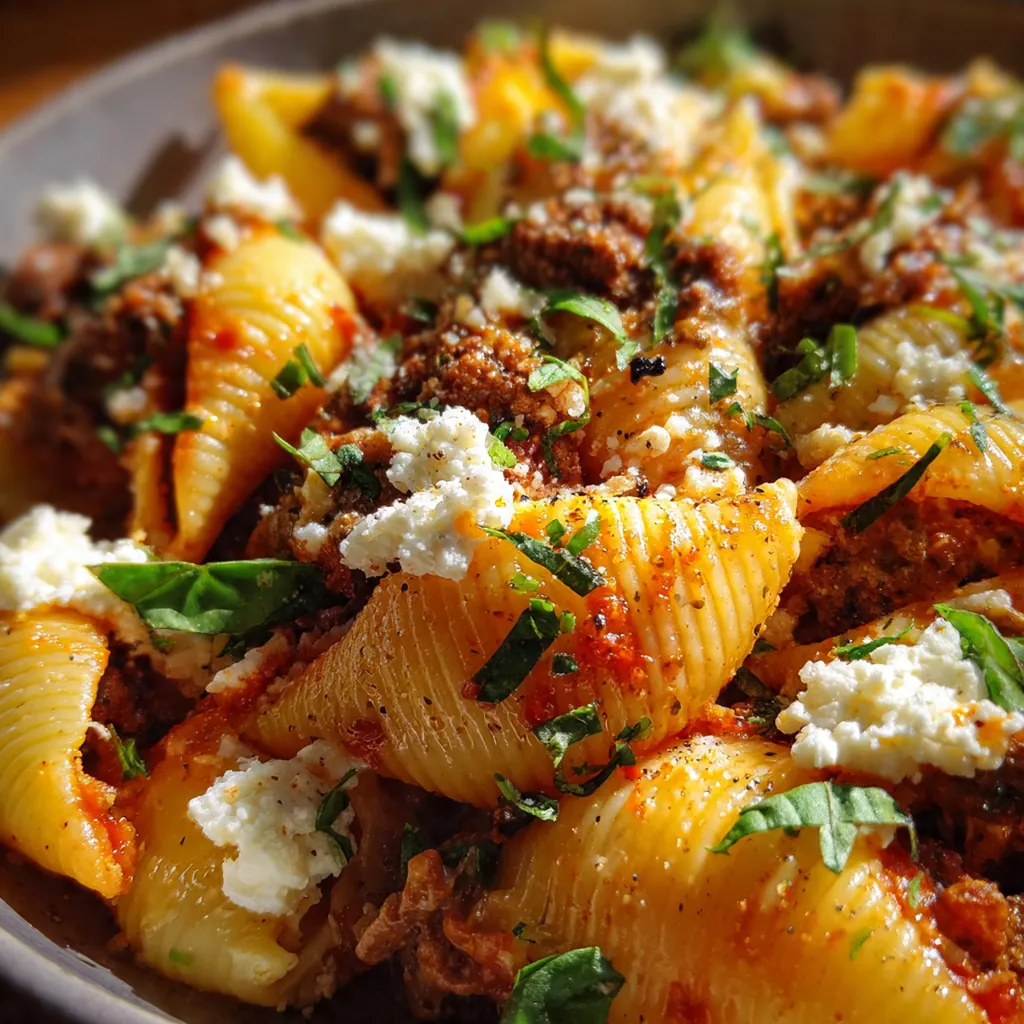 A plated serving of cheesy beef stuffed shells next to a fresh green salad and garlic bread
