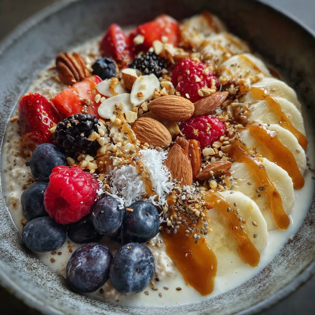 A beautiful overhead shot of the overnight oats ingredients arranged around a mixing bowl and jars on a kitchen counter