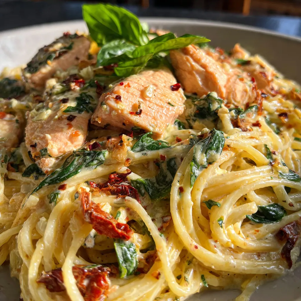 Close-up of a fork twirling pasta coated in velvety sauce with chunks of salmon and vibrant spinach