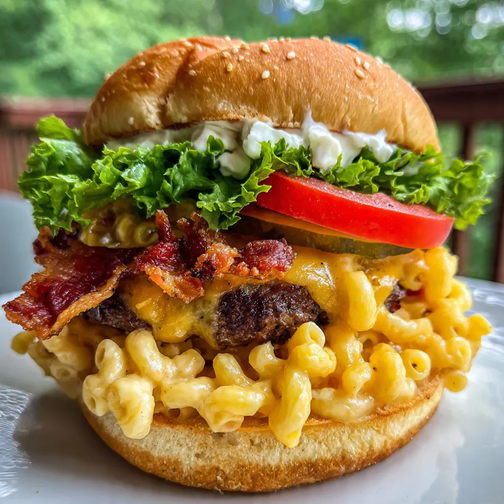 Close-up of a juicy beef patty smothered in creamy homemade macaroni and cheese