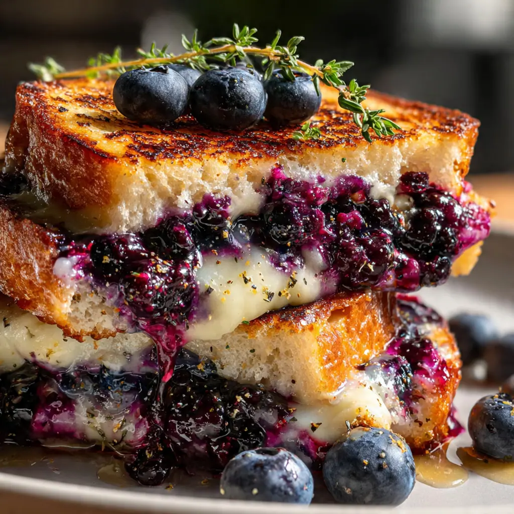 Close-up of a sliced blueberry Brie grilled cheese showing the layers of creamy cheese and fruit