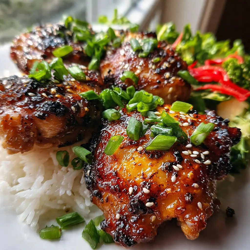 Close-up of a piece of chicken with caramelized sauce and sprinkled scallions and sesame seeds